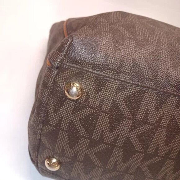 Michael Kors Handbag Brown Signature Harper Large Tote Logo Gold Chain East West - Picture 9 of 15